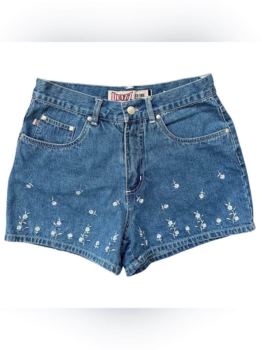 Vintage 90s Medium Wash High Rise White Floral Embroidered Denim Shorts Size 7/8